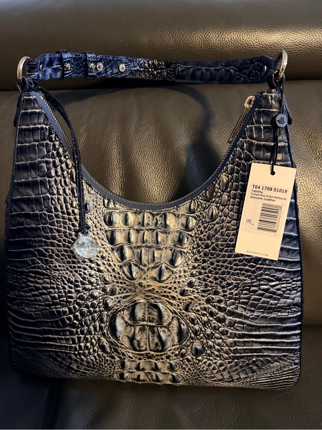 Brahmin Navy Croc-Embossed Shoulder Bag